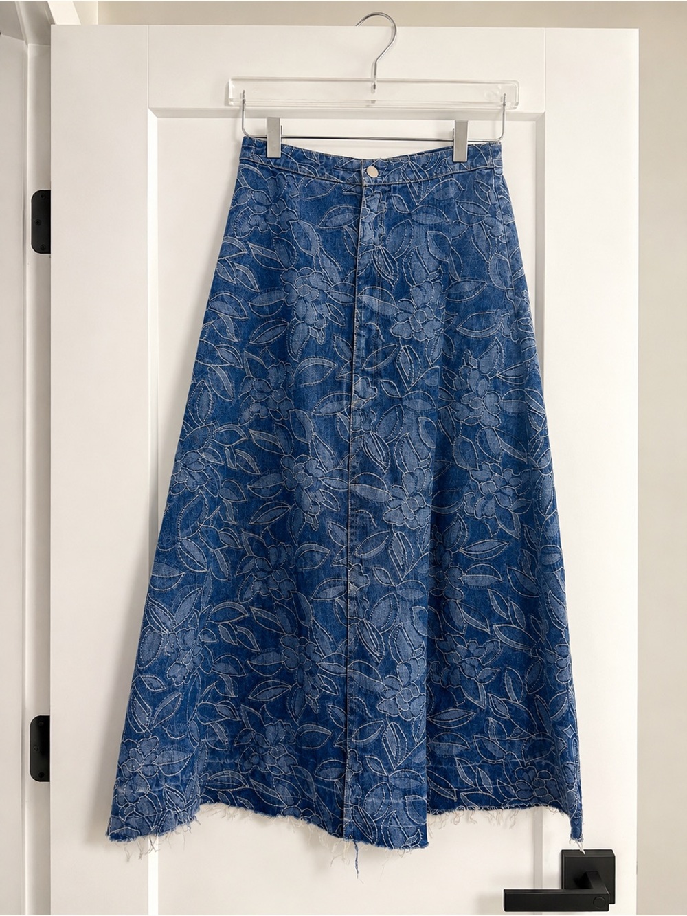 Blue Floral Denim A-Line Midi Skirt